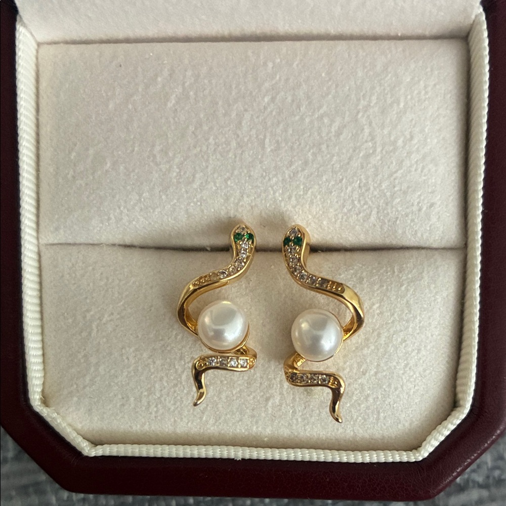 Elegant Gold and Pearl Snake Earrings